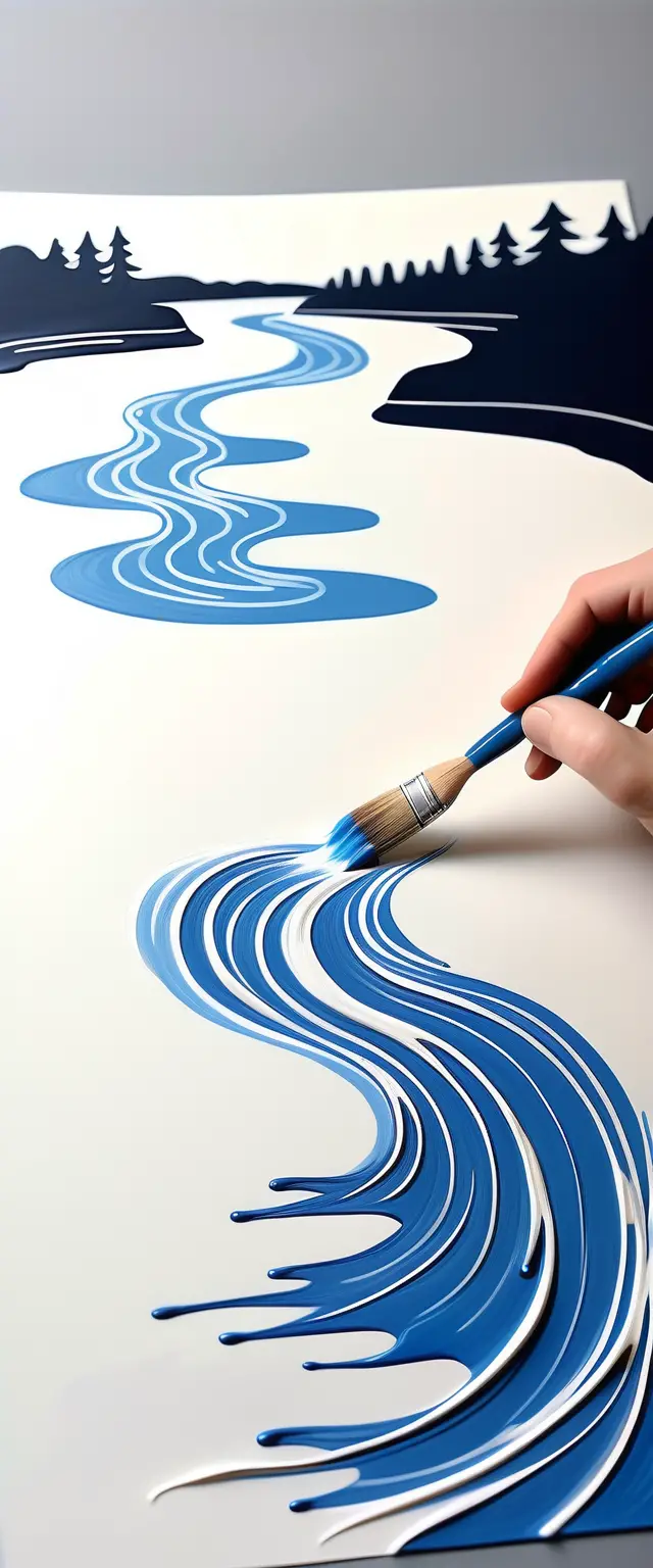 Minimal hand drawn river flowing into blue paintbrush