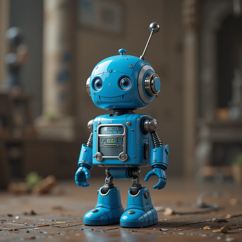 Small blue cartoon robot with musical speaker beside it