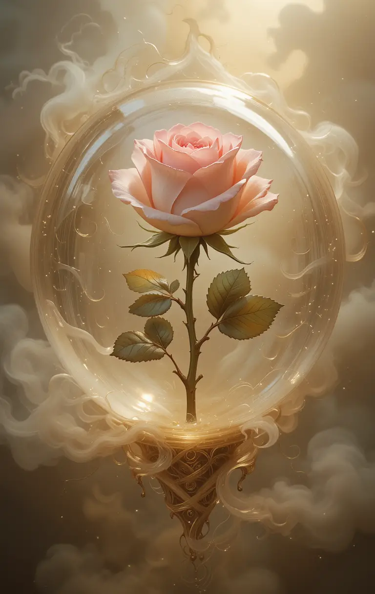 Single rose inside glass orb with golden mist