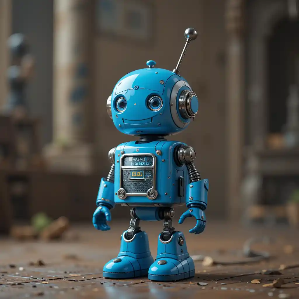 Small blue cartoon robot with musical speaker beside it