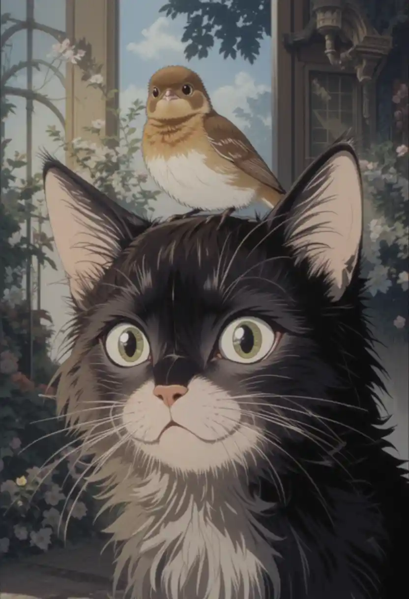 Small brown bird perched on the head of a black cat