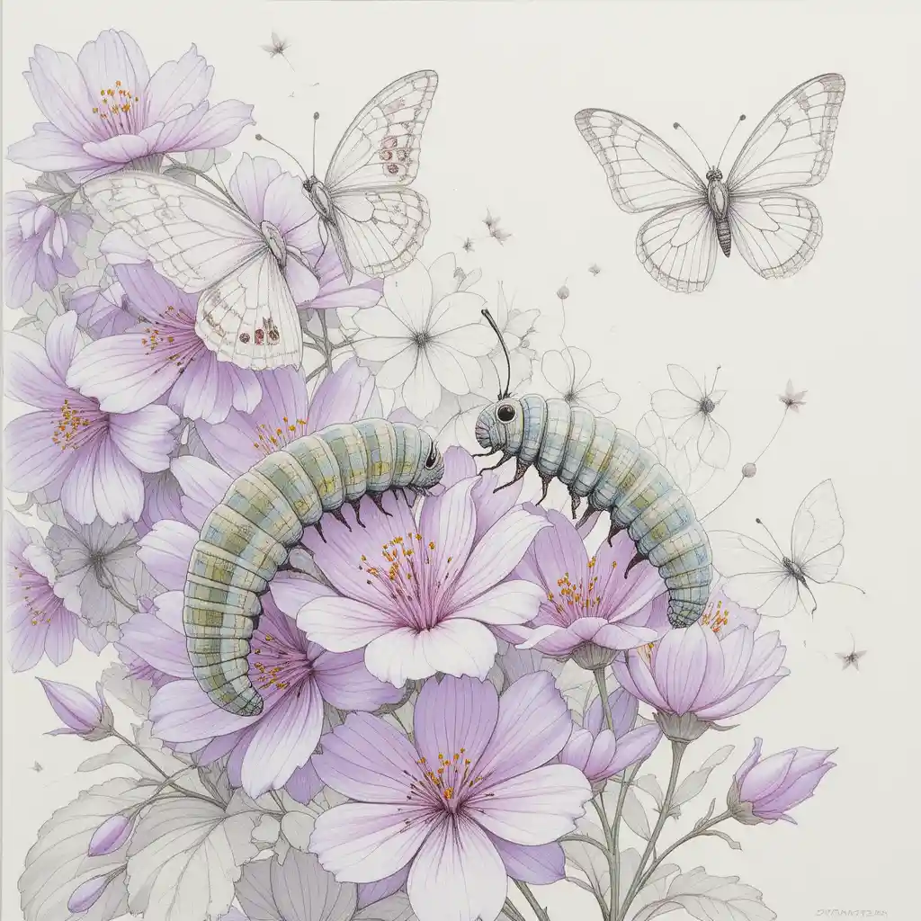 Zarte Schmetterlinge und Raupen auf blasslila Blüten