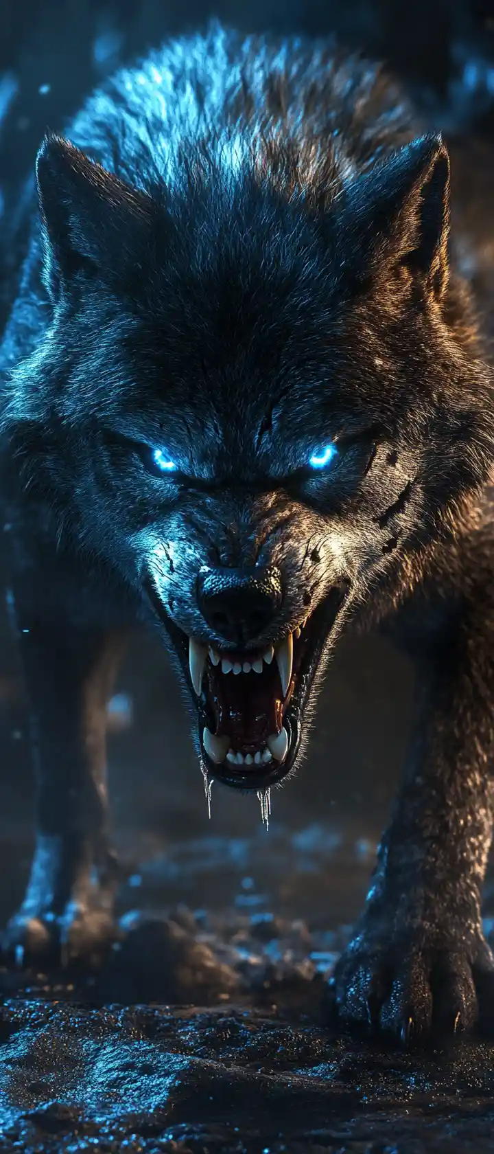 Wild wolf hunting under dramatic moonlit night sky