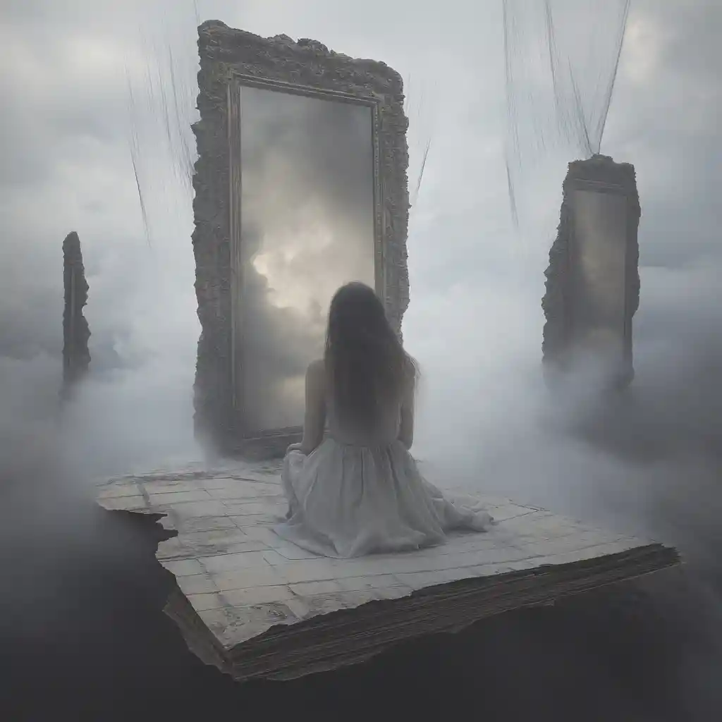 Woman Kneeling By Fog Filled Mirror On Floating Platform