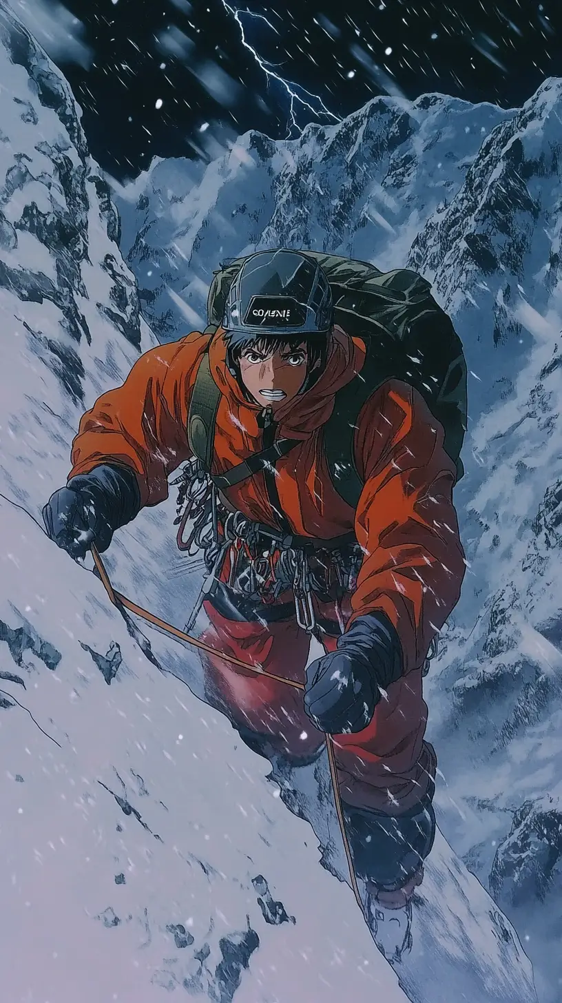 Lone mountaineer battling storm on narrow snowy ridge