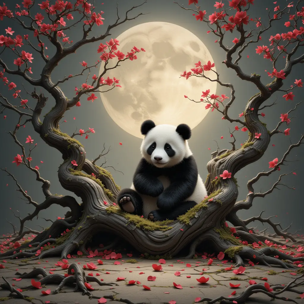 Panda cub resting on branches under a glowing moon