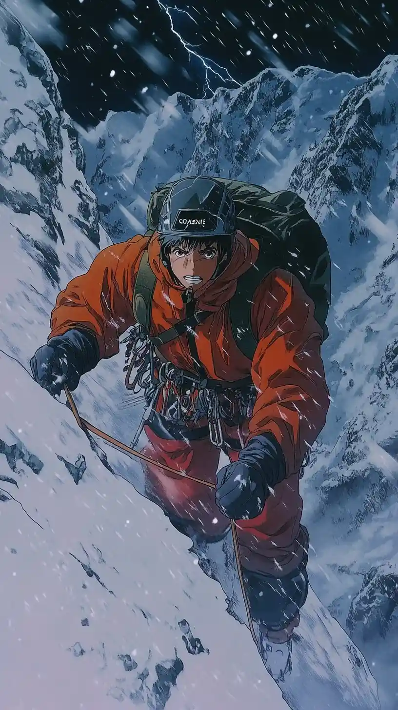 Alpinista solitario in lotta contro la tempesta su una stretta cresta innevata