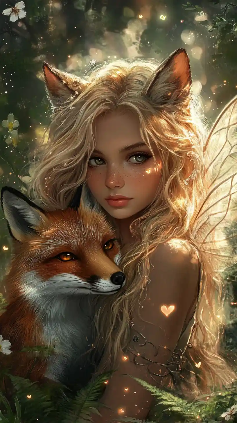 Fairy girl cuddling a fox in magical forest