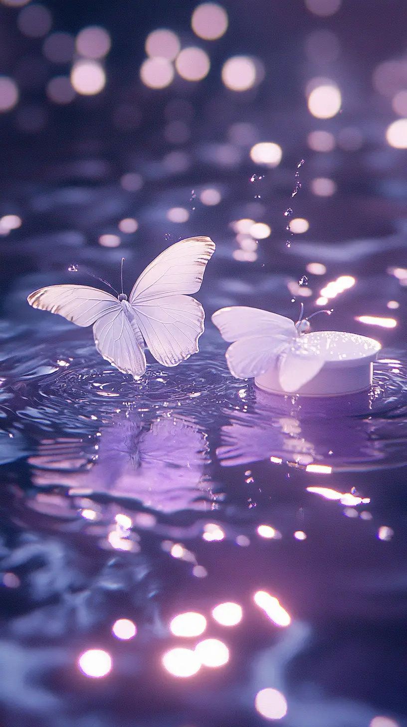 Skincare bottles in water with butterflies in the rain
