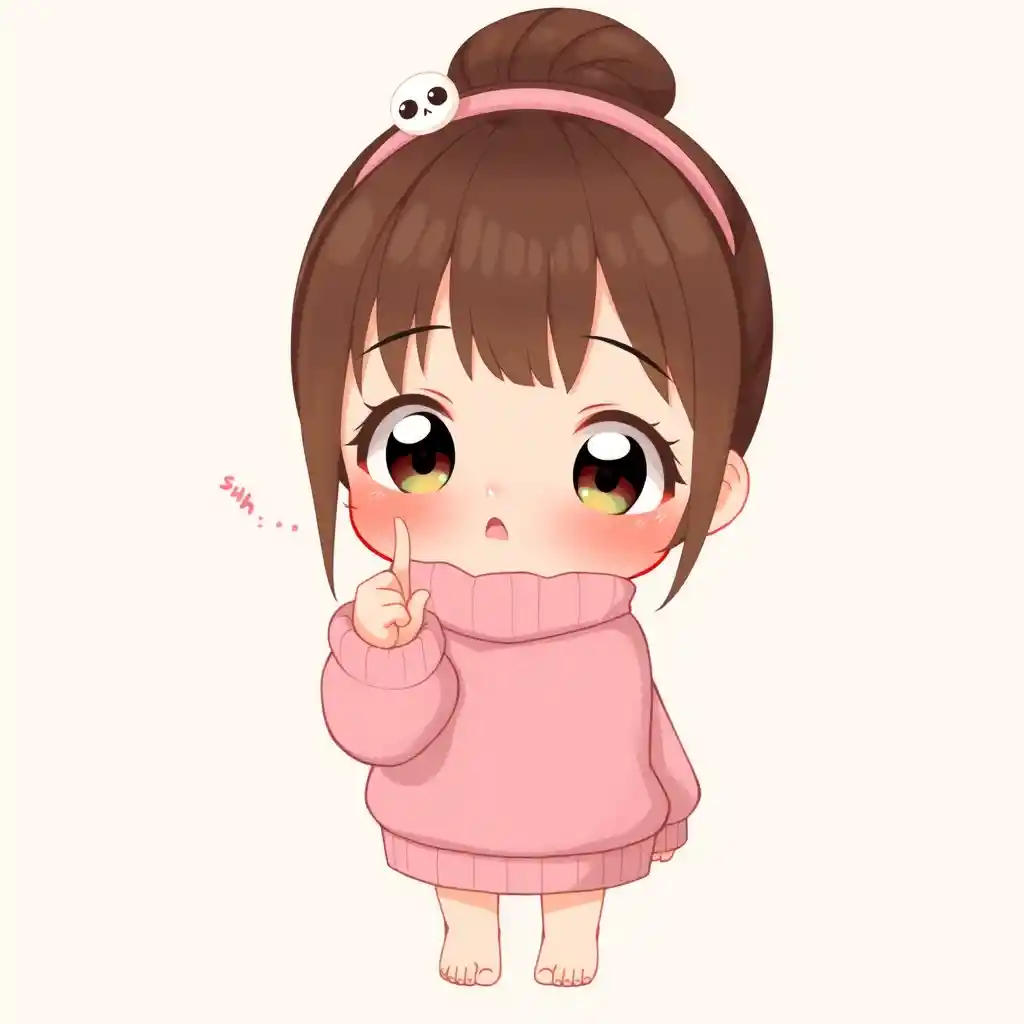Cute anime girl in pink sweater making shh gesture