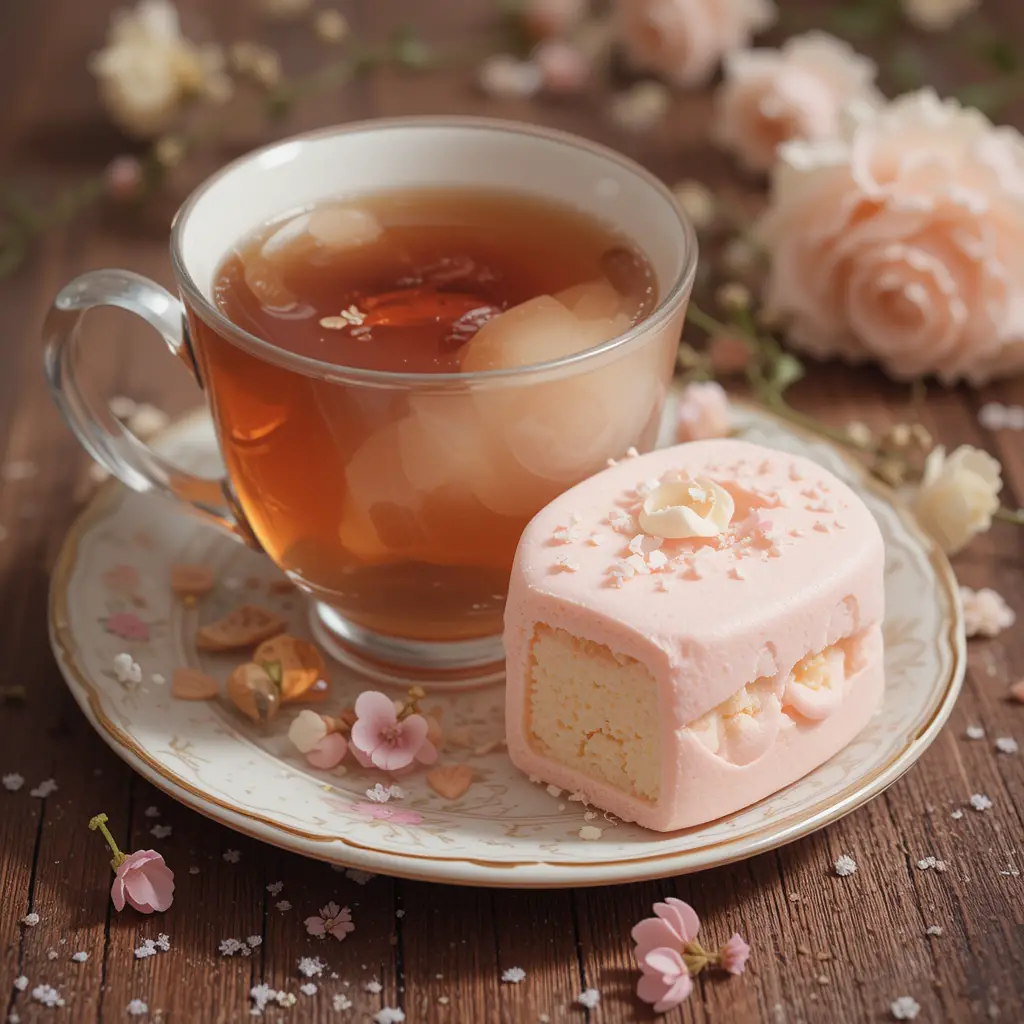 Pastel marshmallow dessert with tea in soft illustration