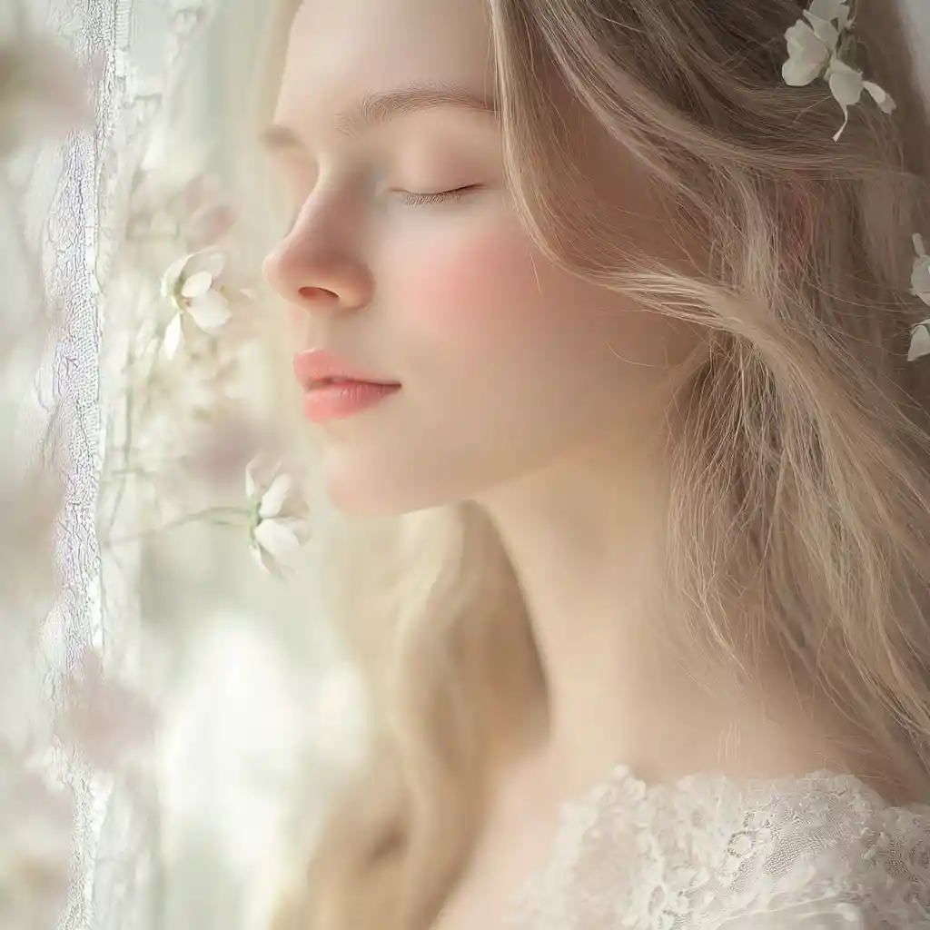Peaceful girl portrait with flower in flowing blonde hair