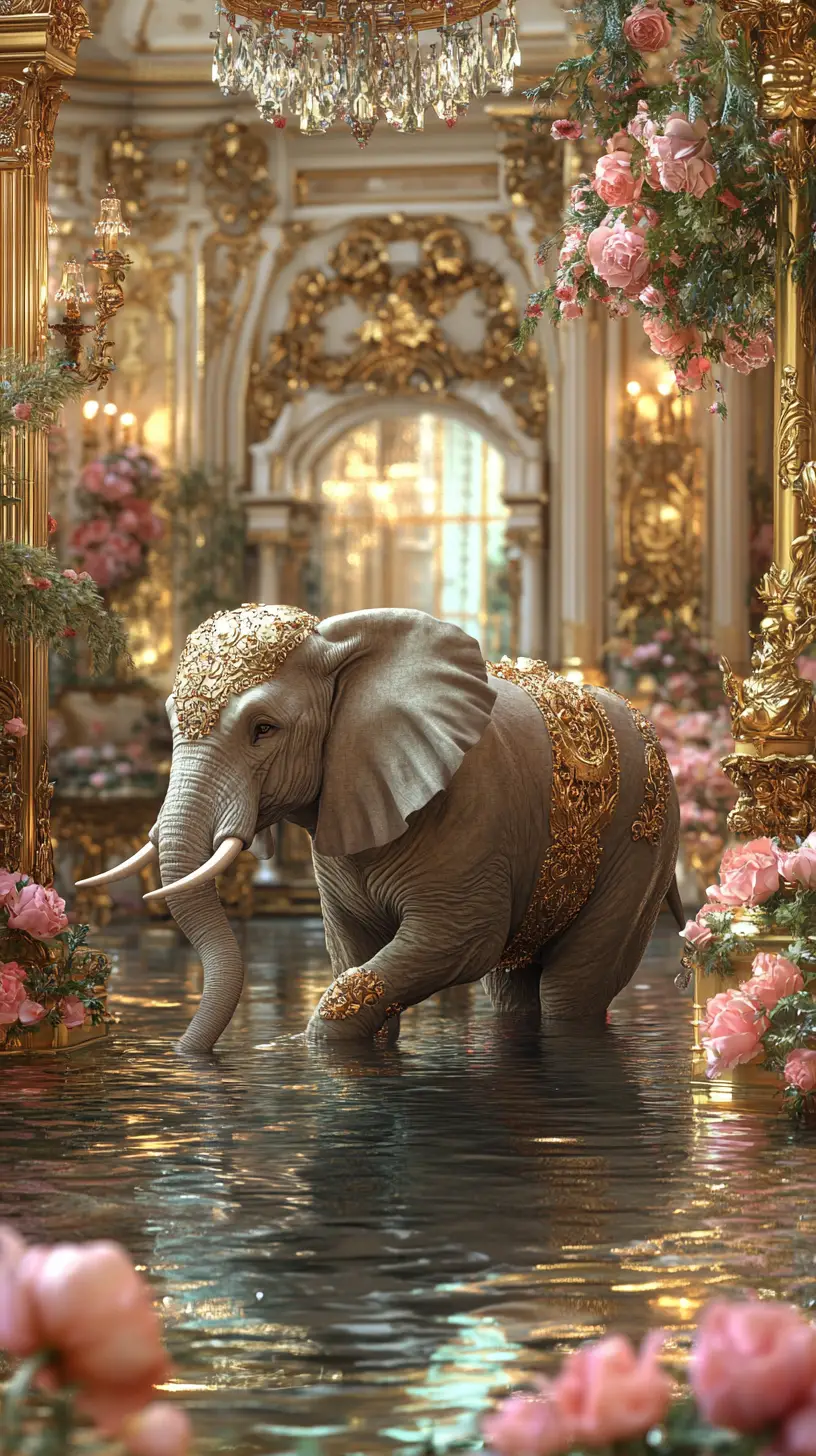 Majestic elephant in an ornate palace water garden