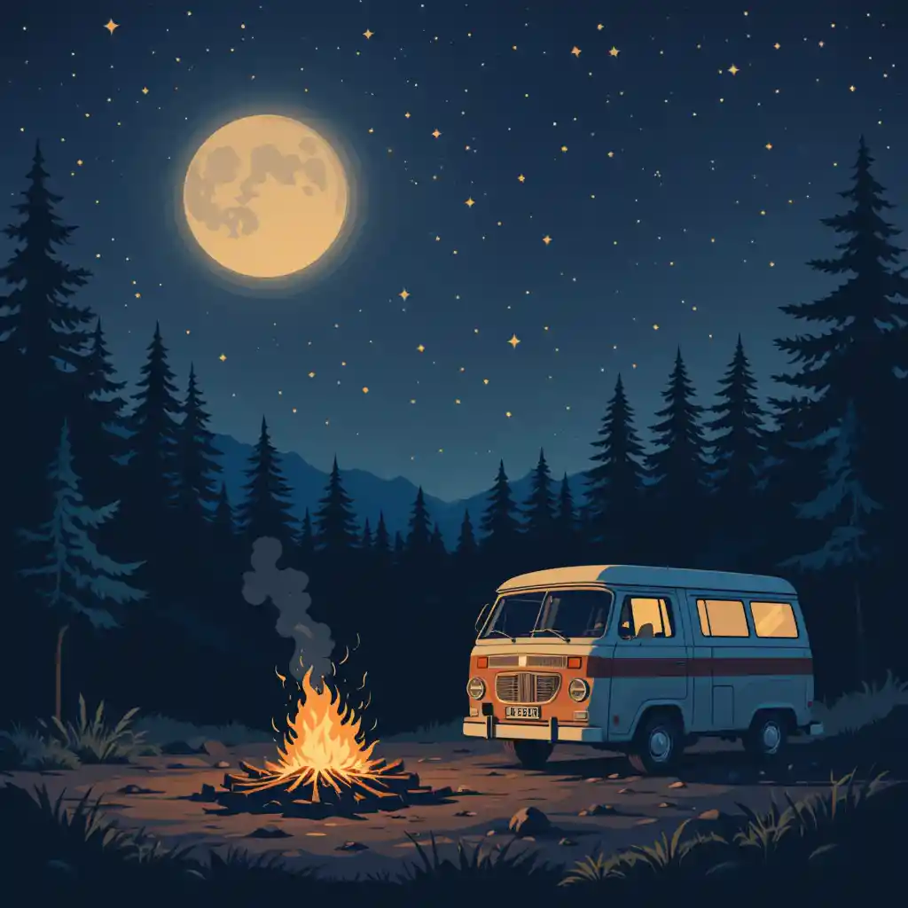 Campfire Beside Classic Van Under Starry Night Sky