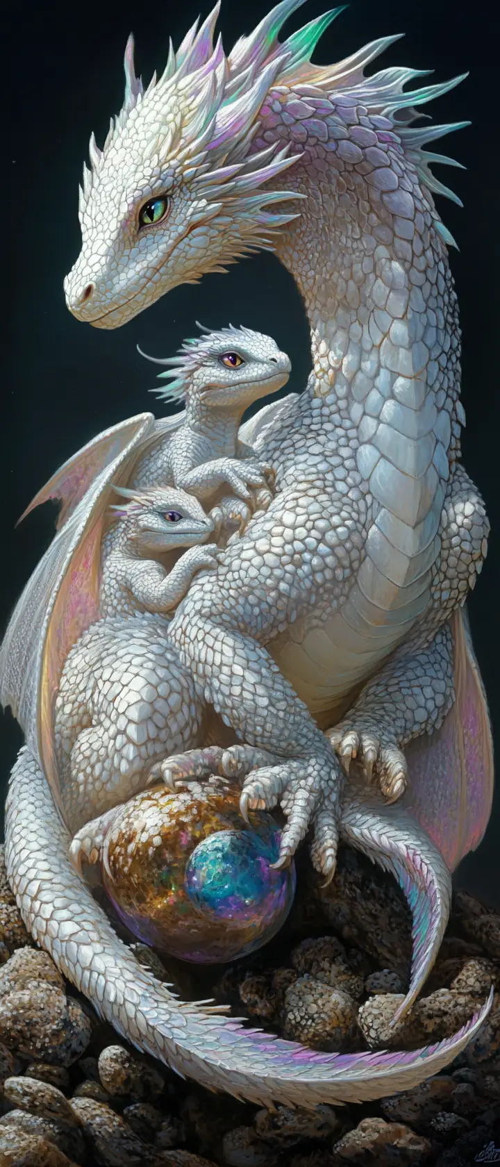Mother dragon guarding her newborn hatchlings with love