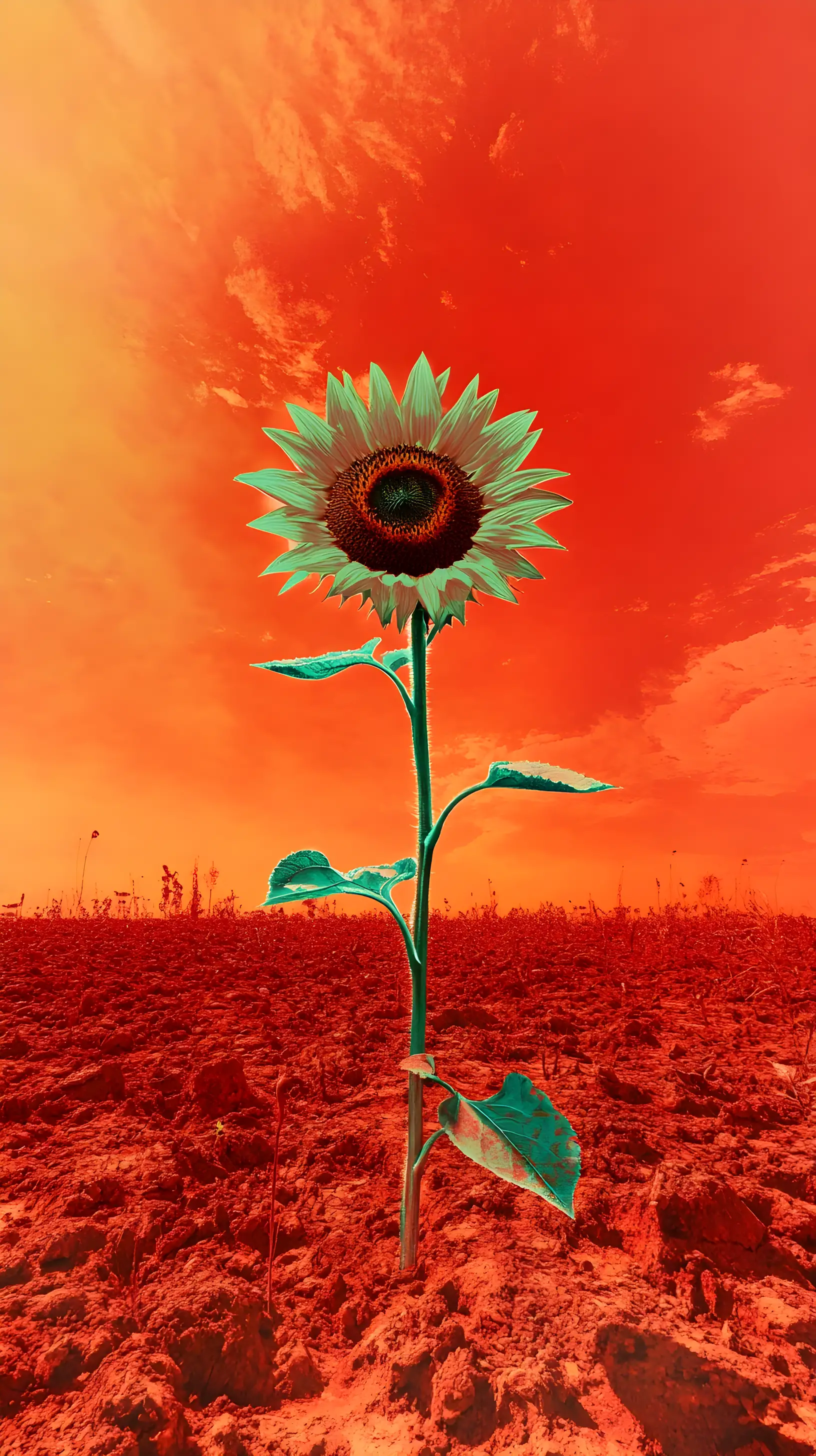 Giant sunflower in a red hazy alien sky field