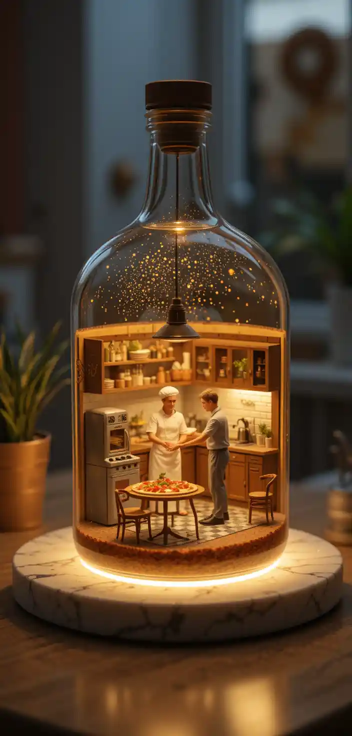 Glass bottle revealing a tiny pizzeria kitchen inside