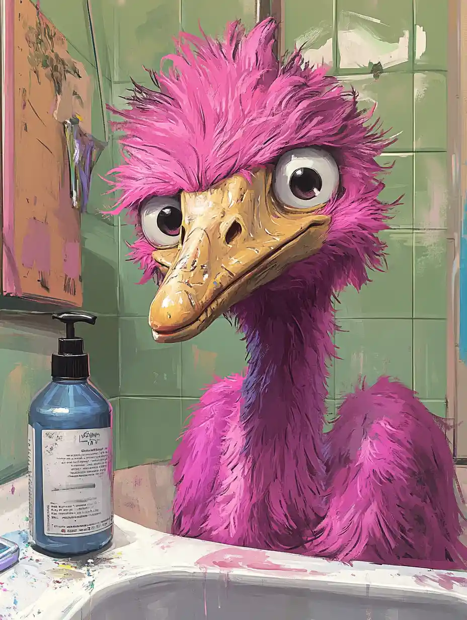 Süßer junger Emu mit pinken Haaren sitzt am Waschbecken