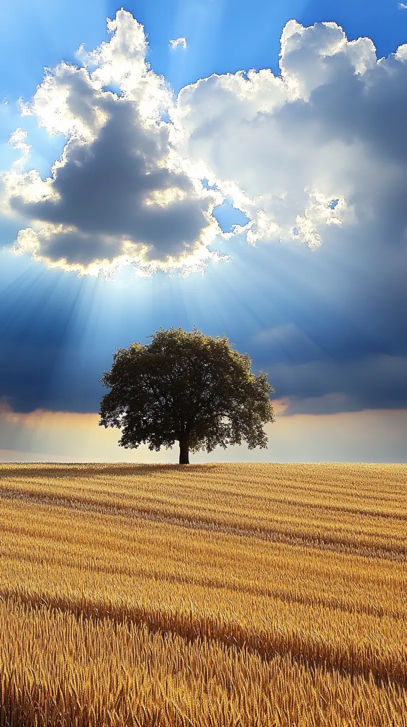 Lone tree in golden wheat under dramatic glowing sky