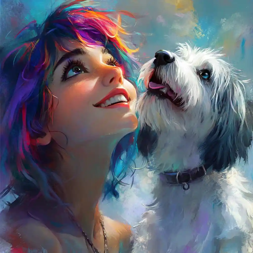 Anime girl with heterochromia and schnauzer close up portrait