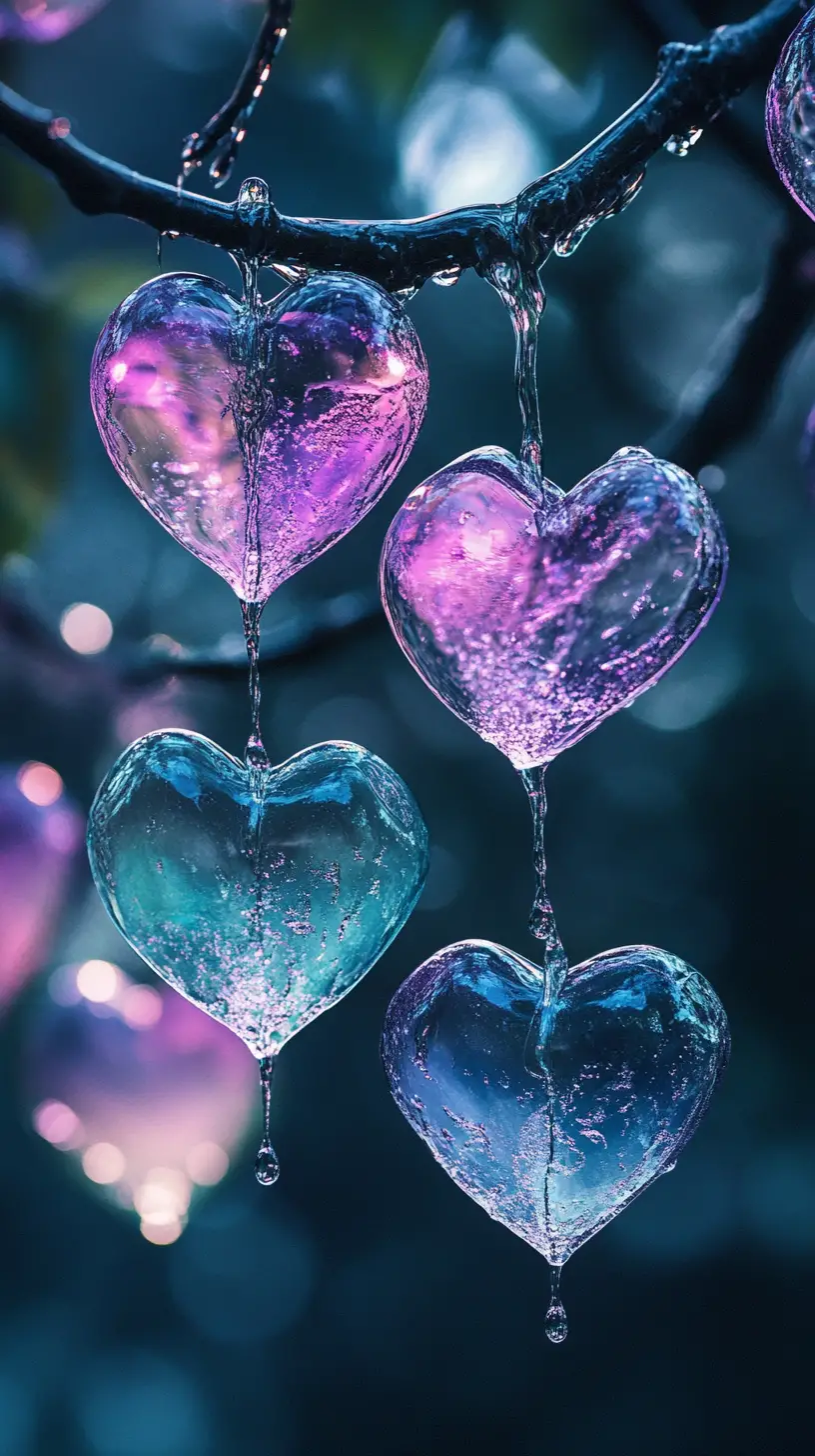 Translucent purple and blue glass hearts with water droplets