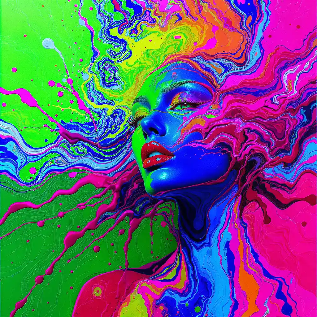 Psychedelic neon woman in flowing liquid colors