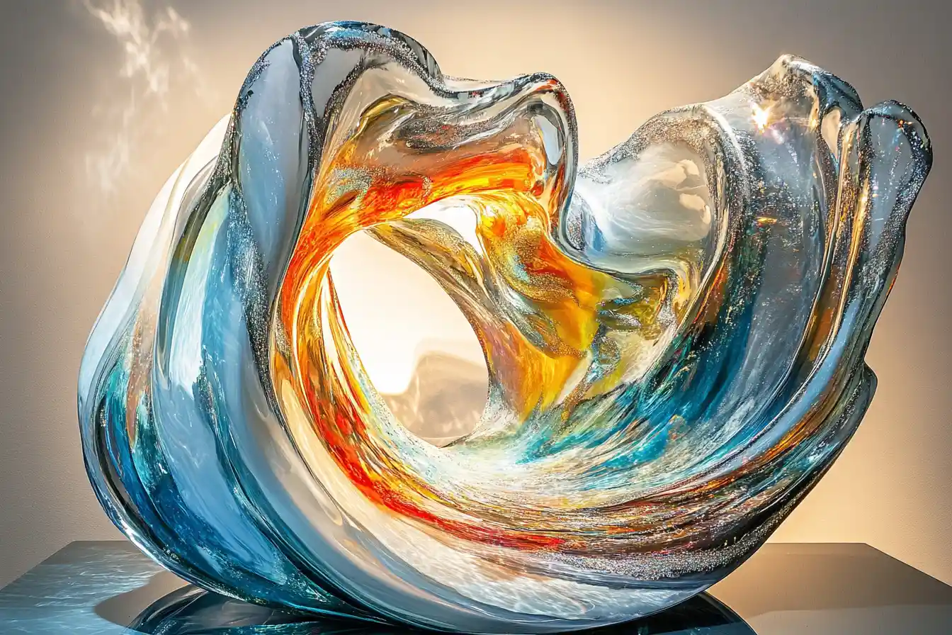 Sculpture abstraite de vague océanique avec noyau de coucher de soleil lumineux