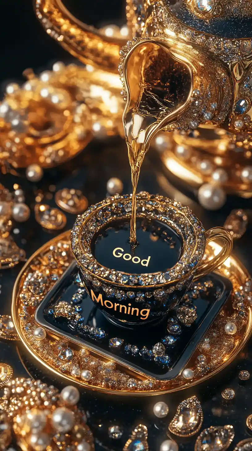 Golden smartphone with ornate coffee and sparkling gems