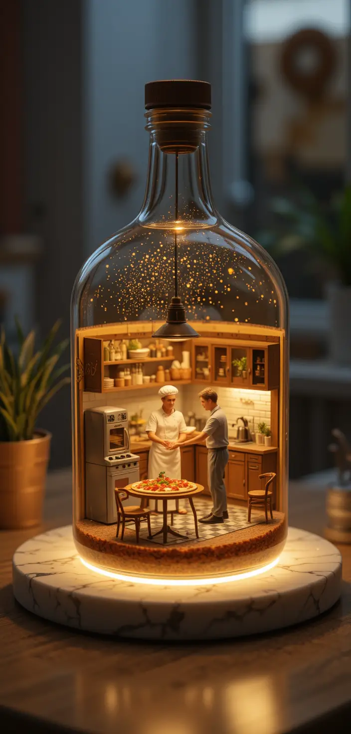Glass bottle revealing a tiny pizzeria kitchen inside