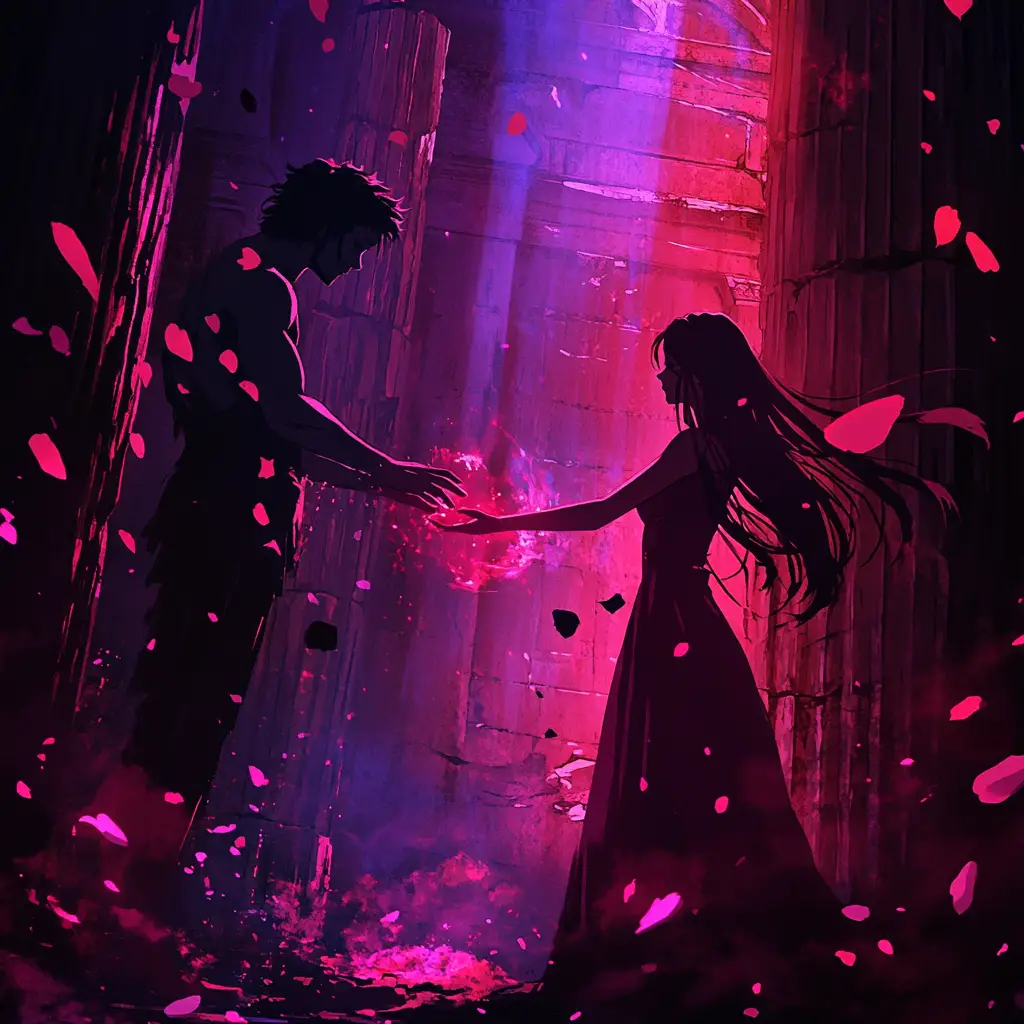 Hades reaching for Persephone through swirling shadows
