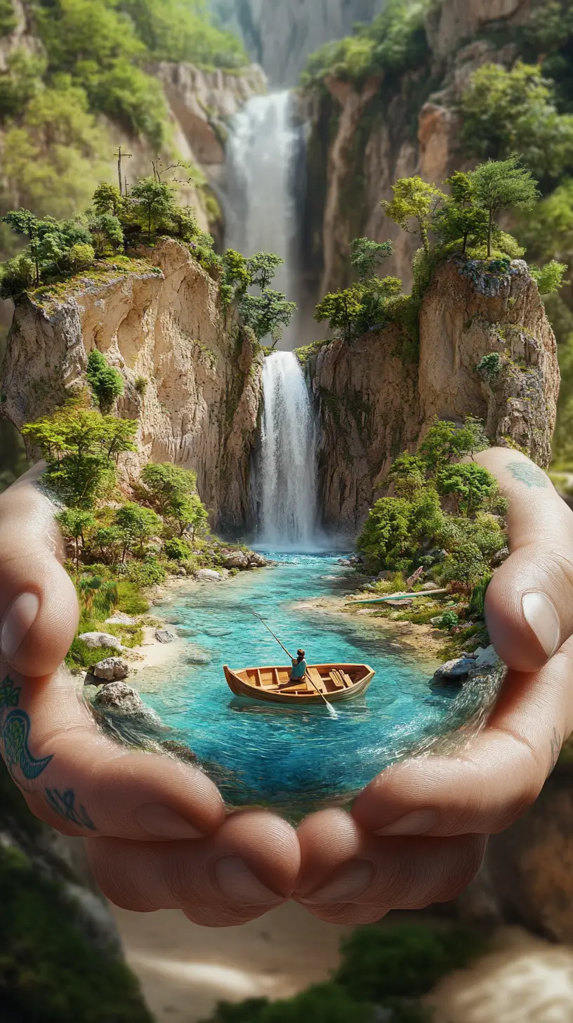Tiny river landscape cradled gently in human hands