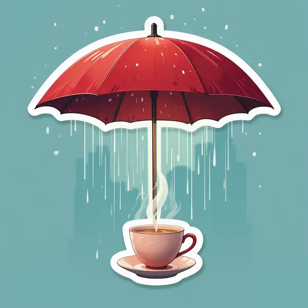 Autocollant parapluie rouge avec tasse de thé sous une douce pluie