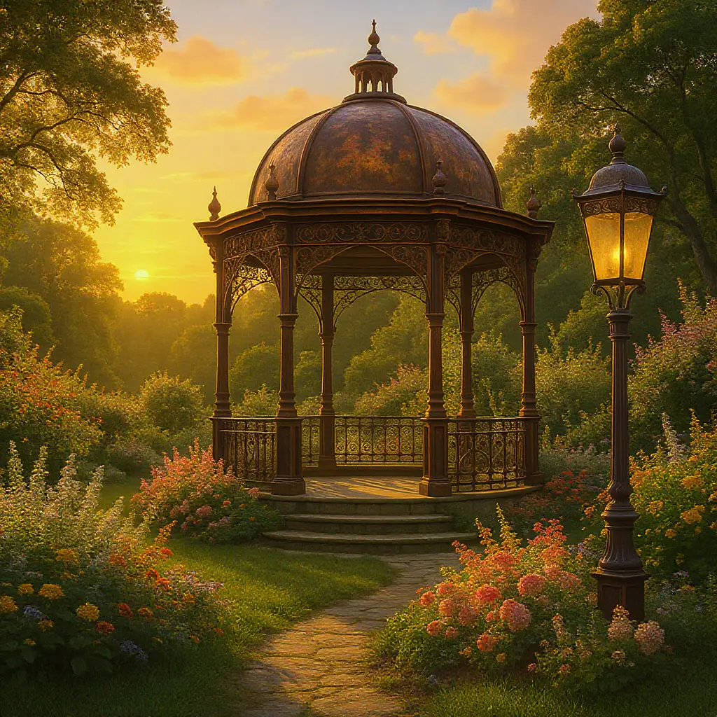 Weathered copper gazebo in a lush garden at sunset