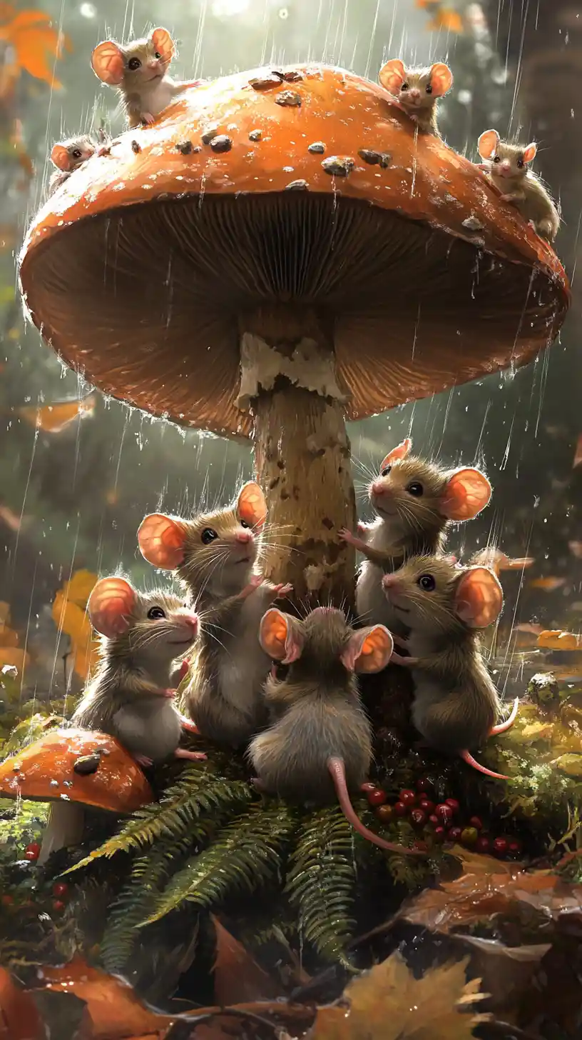 Mouse family sheltering under a mushroom in the forest