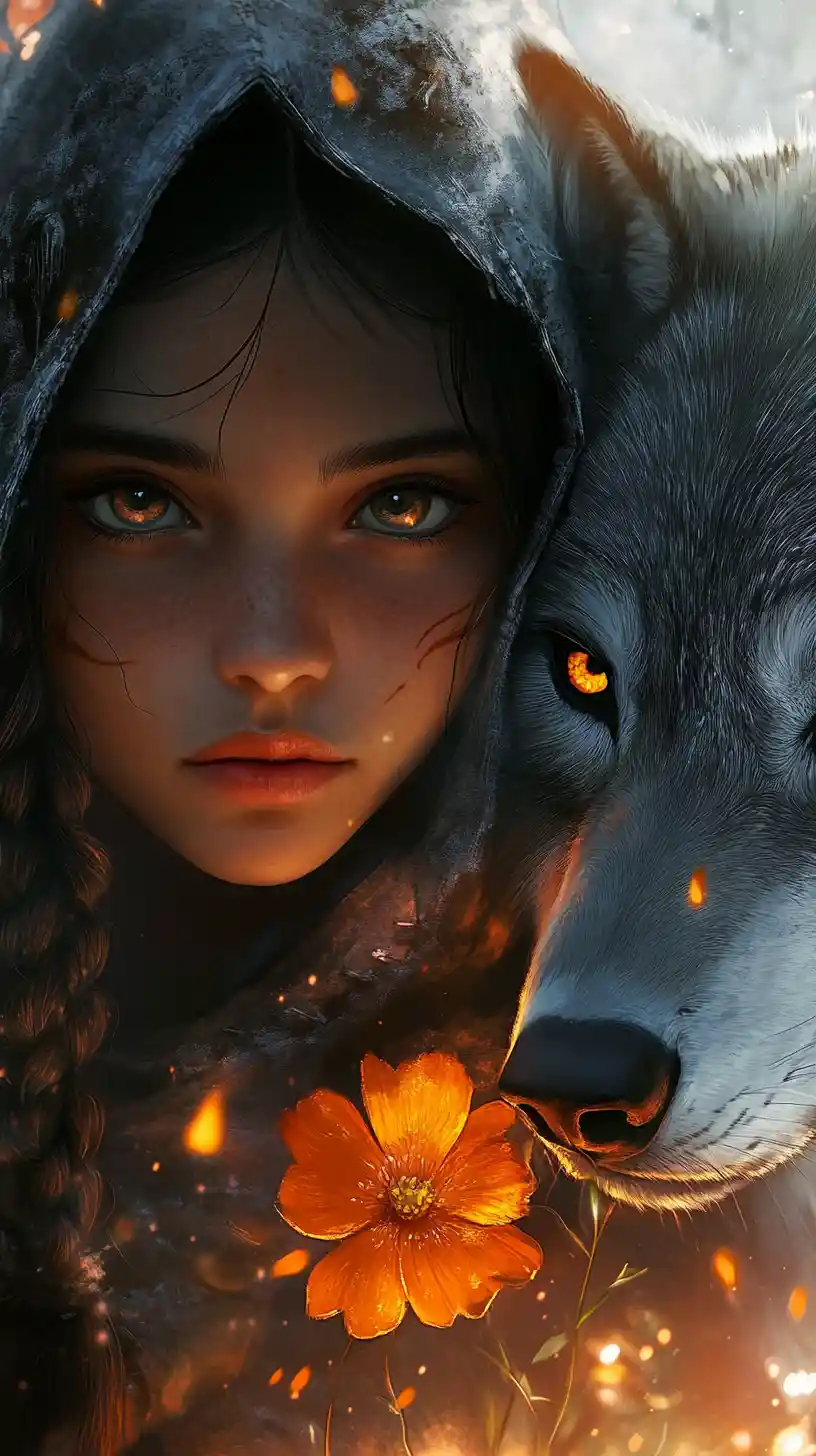 Anime girl with wolf companion in warm glowing light