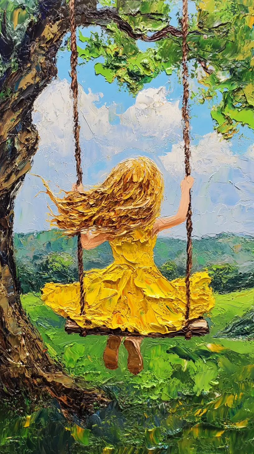 Joyful Girl On Swing In Impasto Meadow Painting