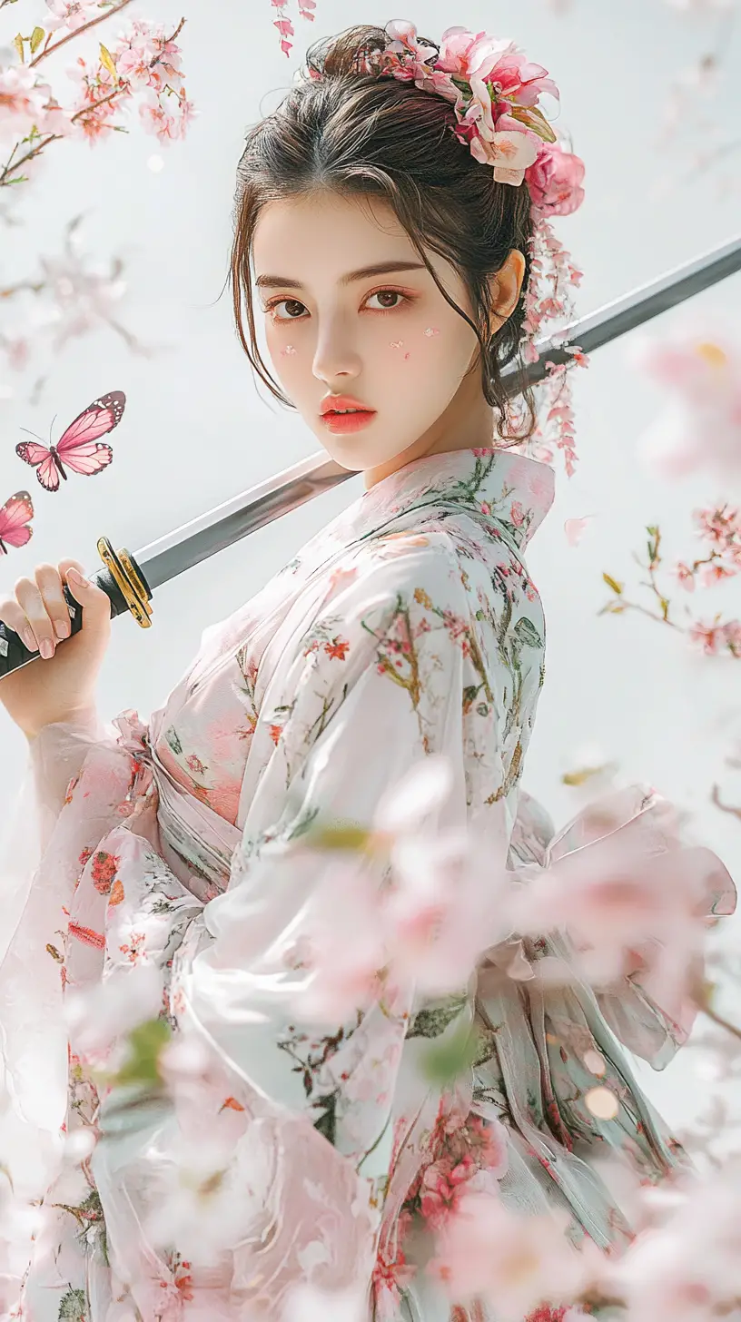 Anime girl in floral hanbok dress with katana and butterflies