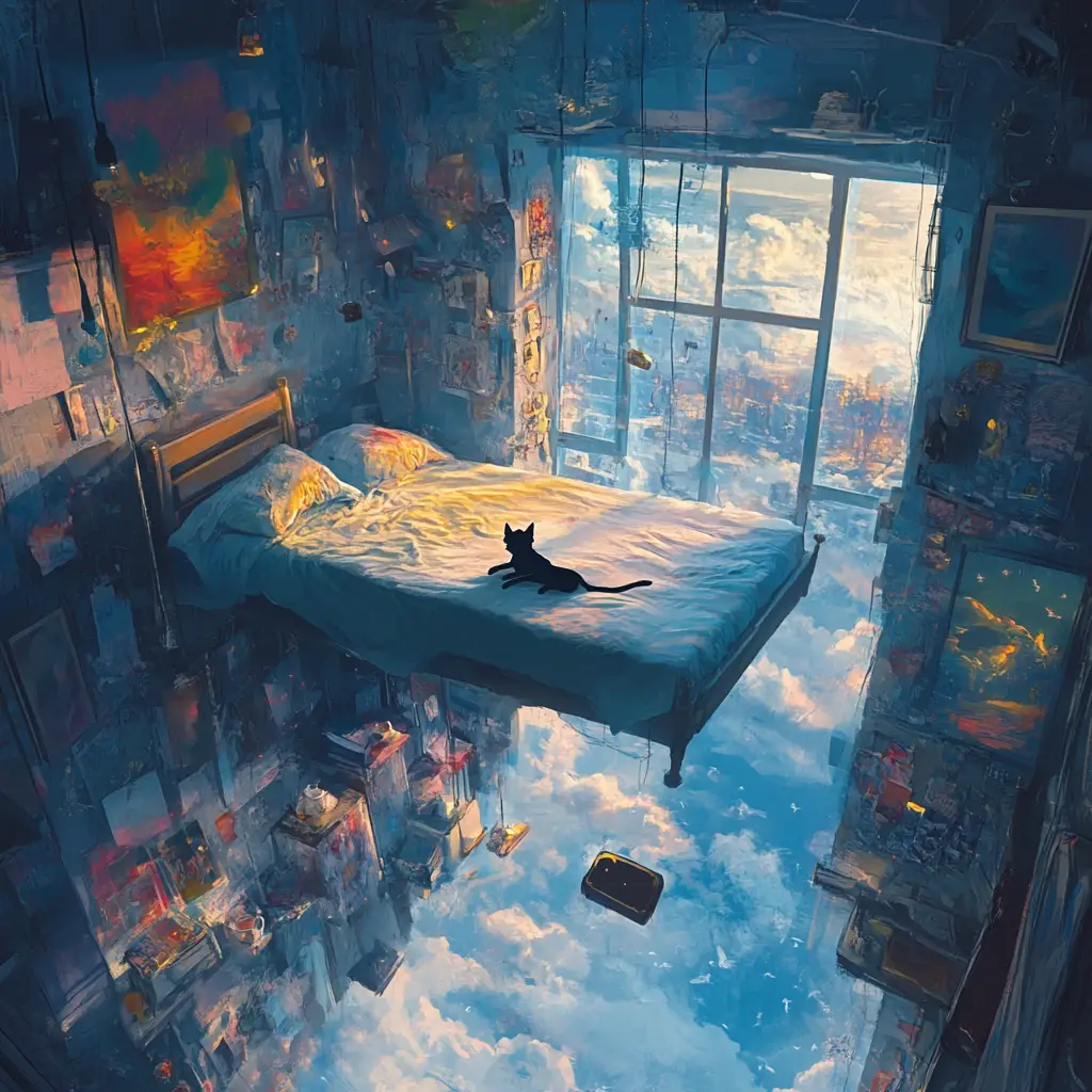 Surreal tilted bedroom floating high in the sky