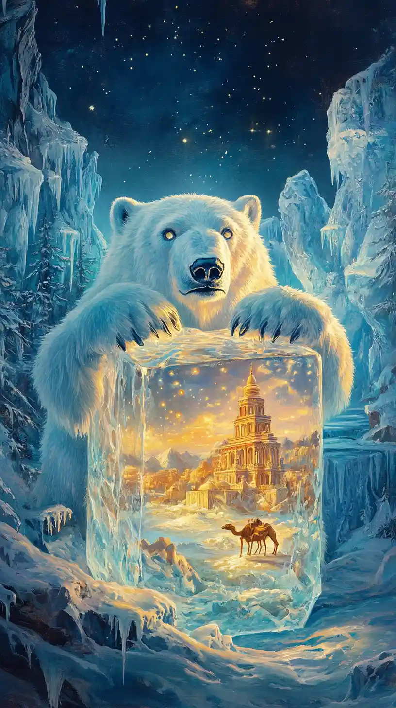 Orso polare che protegge un mondo desertico luminoso nel ghiaccio