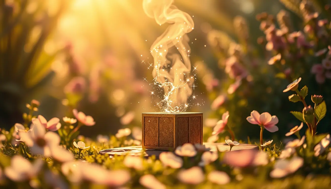 Magical gift box glowing in a dreamy garden