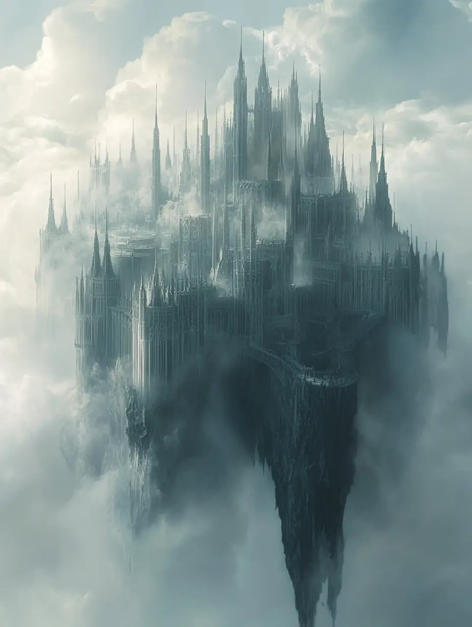 Ethereal mist palace rising with gravity defying spires