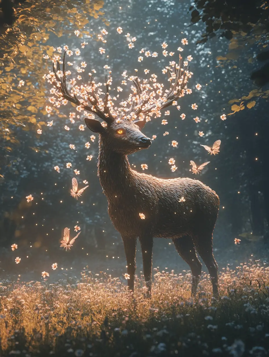 Deer With Floral Antlers In A Foggy Enchanted Forest