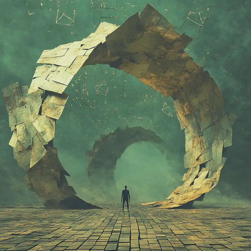 Faceless figure under surreal arch in green sky