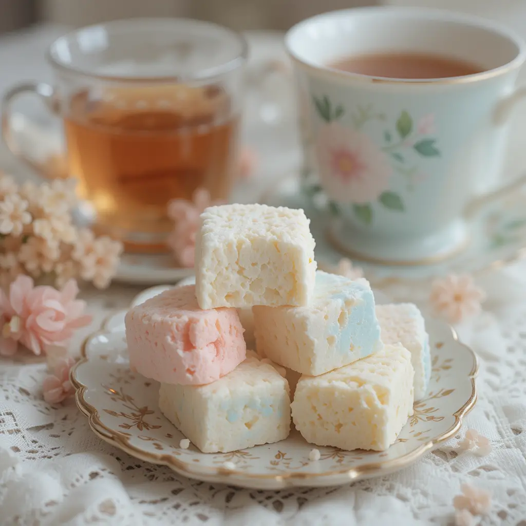 Pastel Marshmallow Dessert With Tea On A Cozy Table