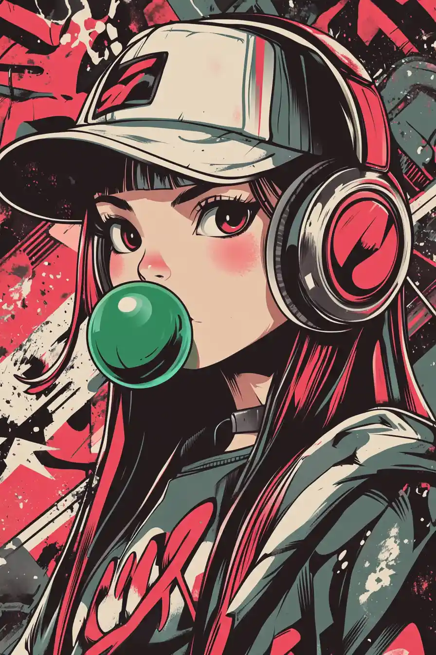 Ragazza anime con cuffie e arte bubblegum in stile graffiti