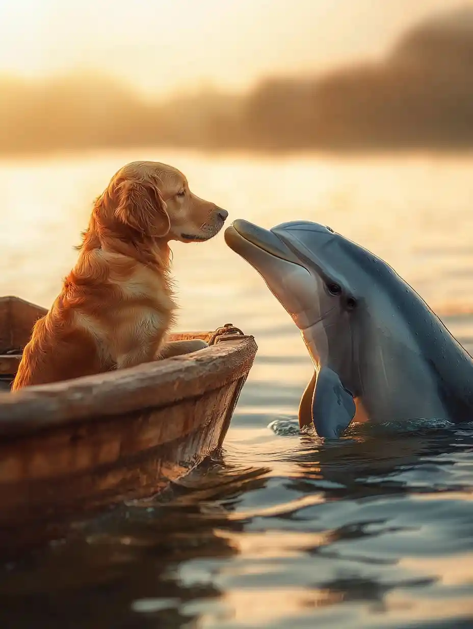 Golden retriever and dolphin meeting on a quiet lake