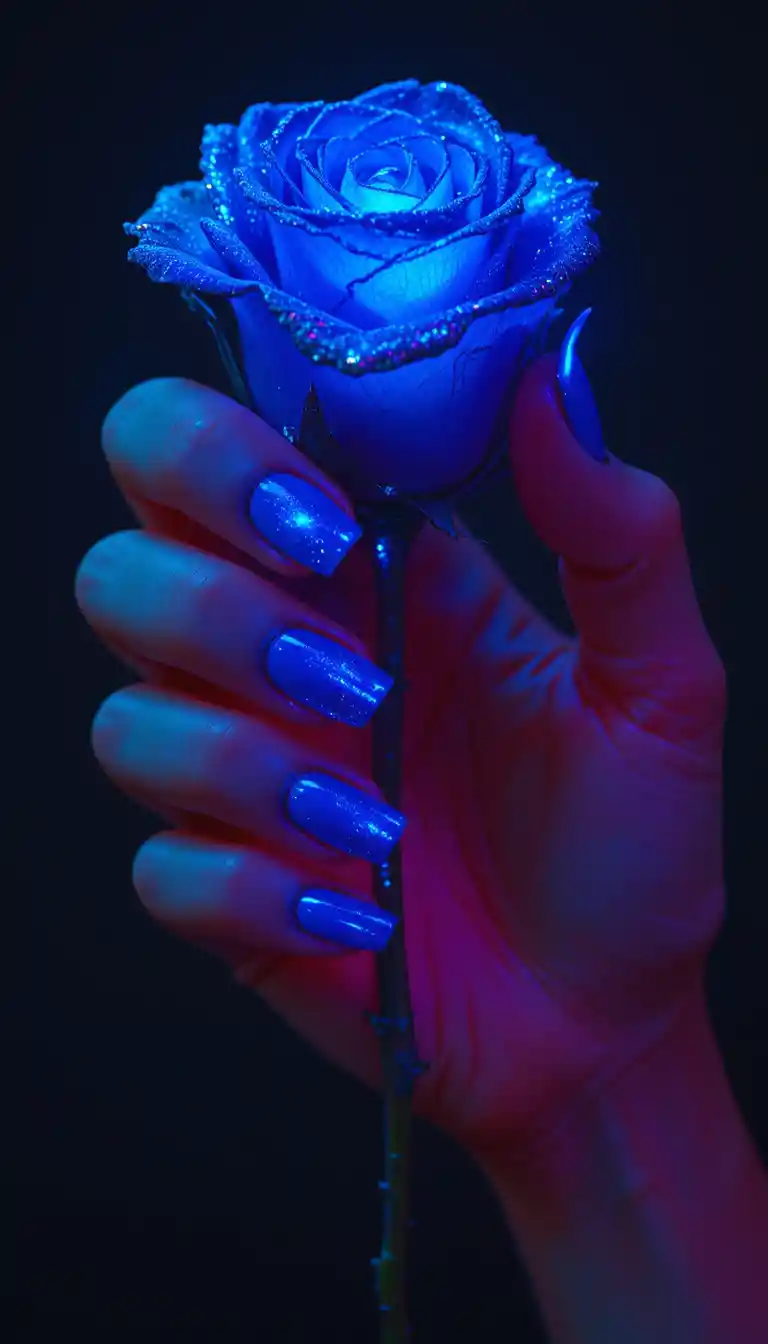 Glowing blue nails holding a sparkling blue rose