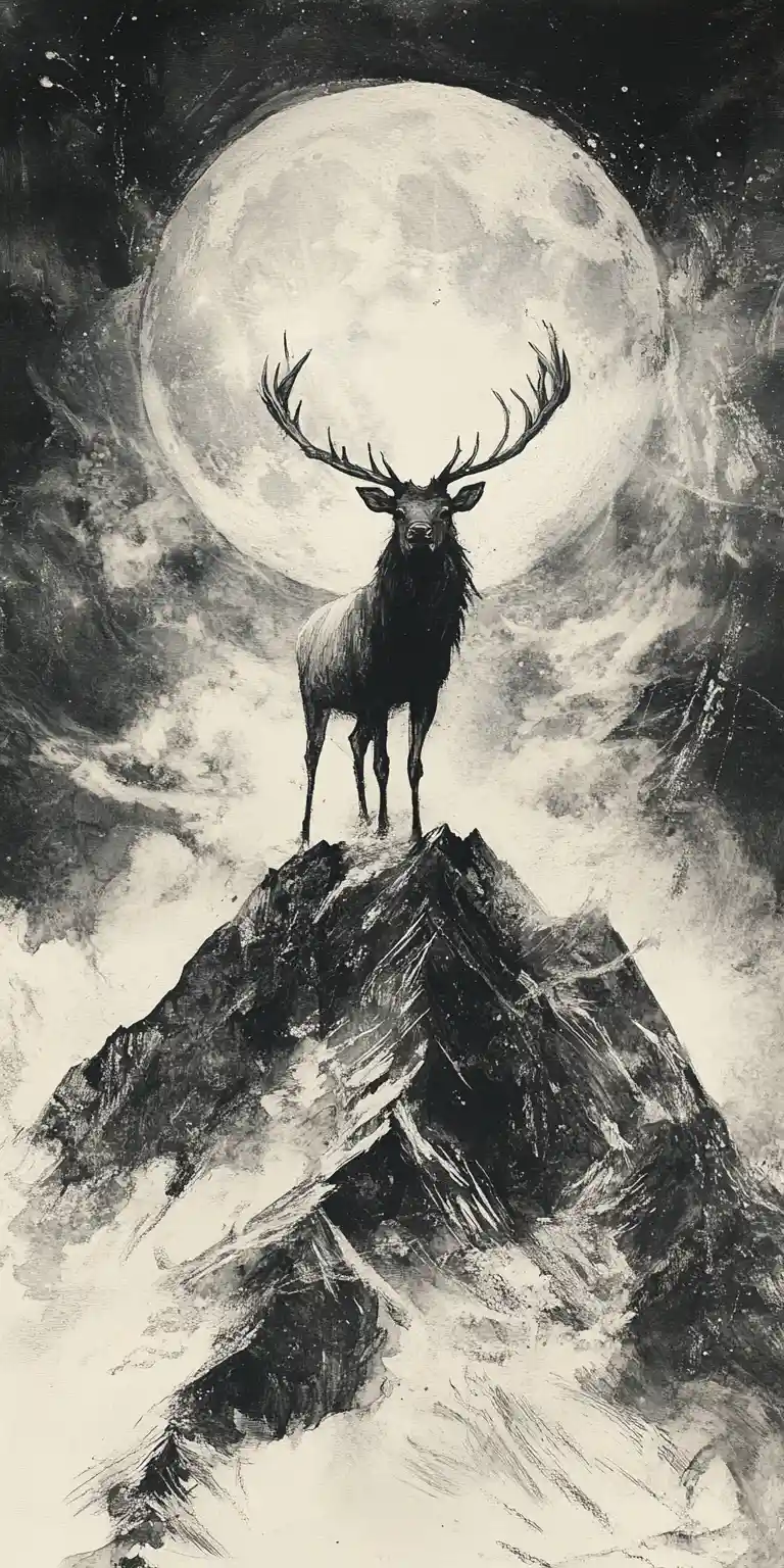 Surreal elk on a snow covered mountain under moonlight
