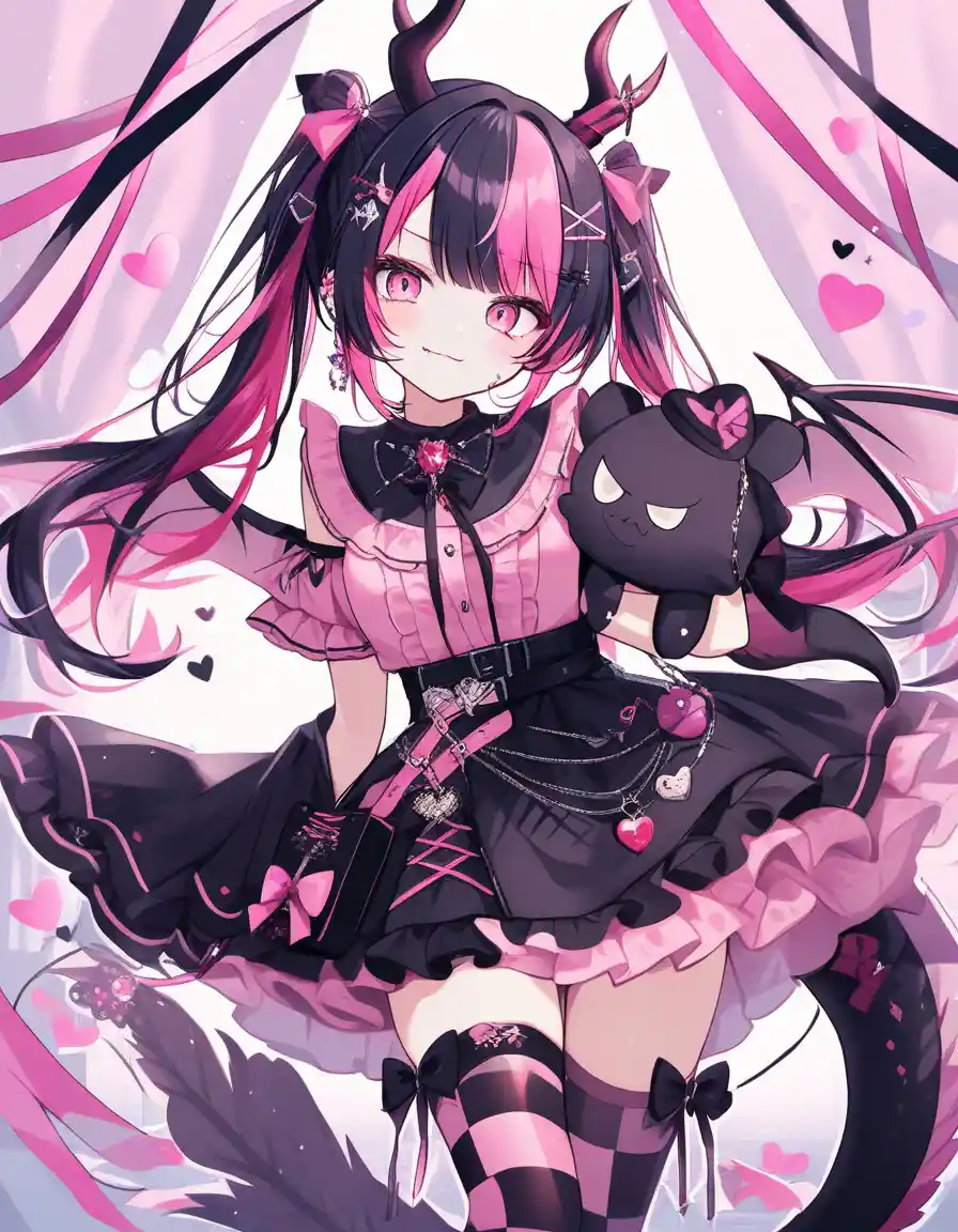 Cute anime dragon girl with twin tails and plush toy
