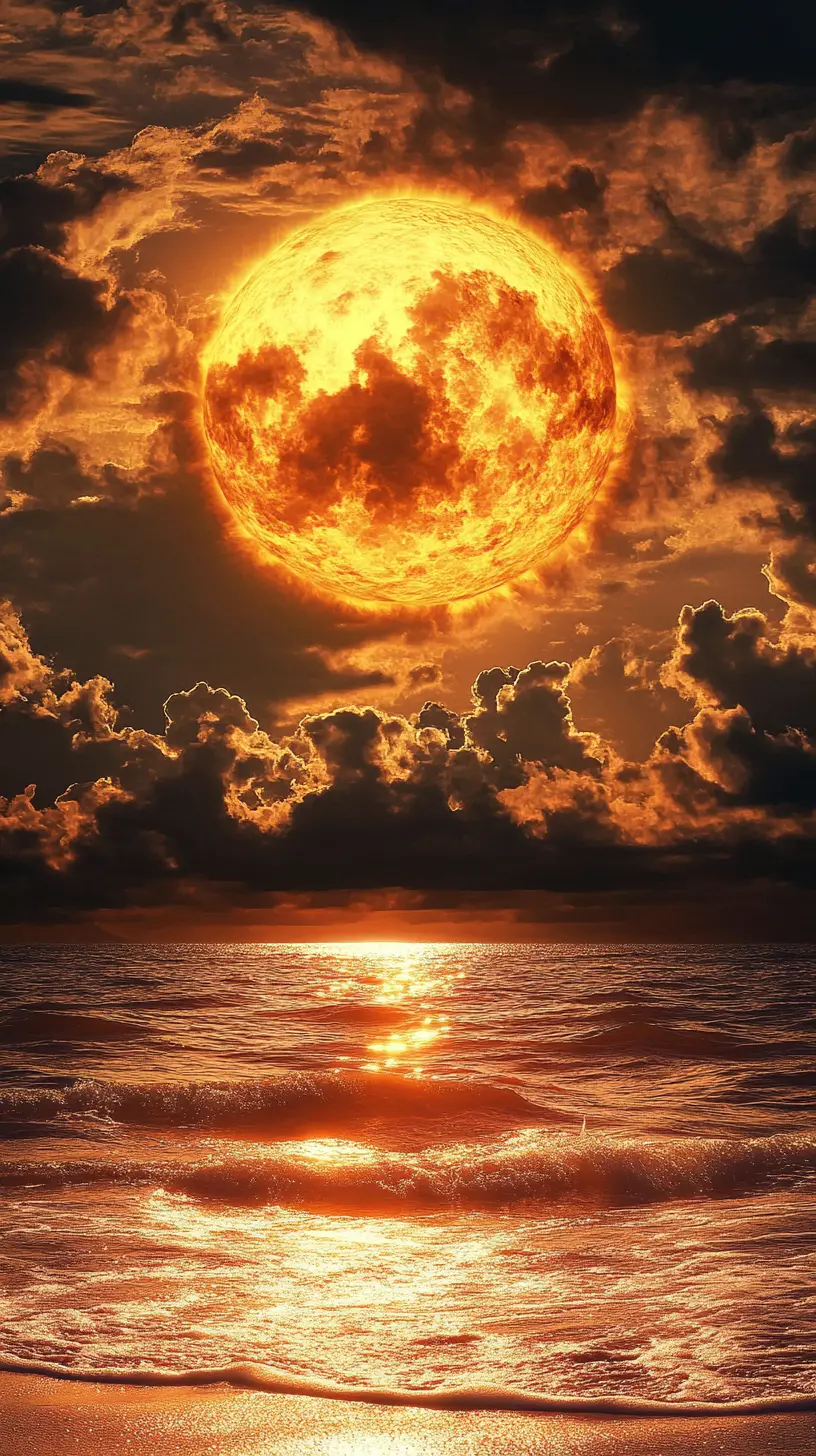 Surreal golden sun rising over shimmering ocean waves